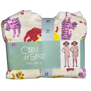 Girls' 4-Piece Tiger Print Pajama Set - Cream with Pink, Red & Yellow